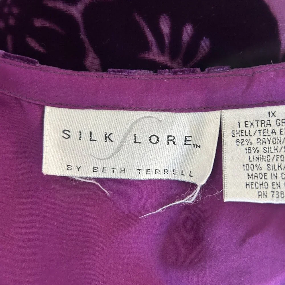Silk Lore Beth Terrell Purple Velvet Burnout Floral Tunic Top Size 1X - Picture 2 of 7